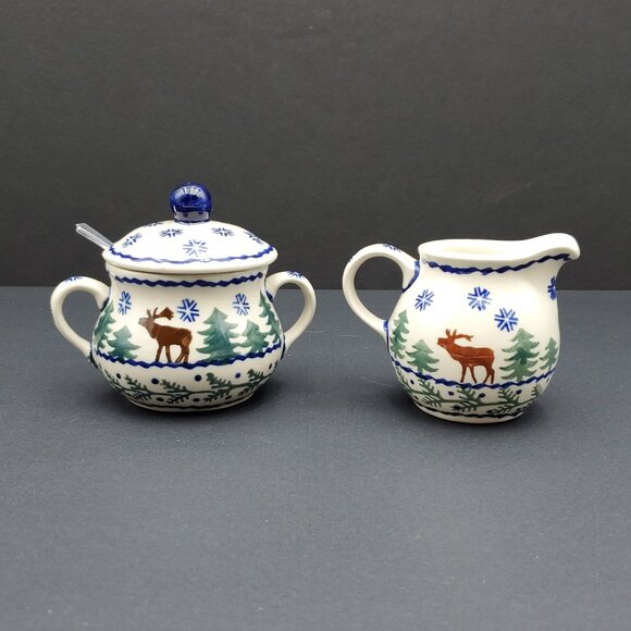 Polish Pottery Reindeer Pine Creamer & Sugar Bowl Winter Moose Creamer Set - Picture 1 of 15